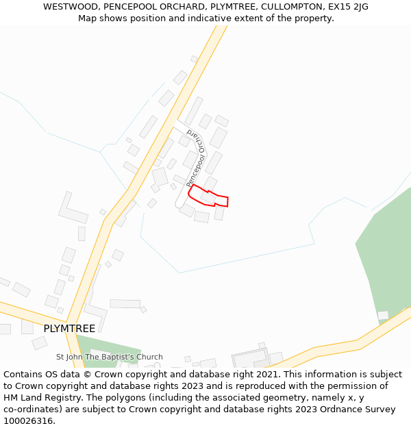 WESTWOOD, PENCEPOOL ORCHARD, PLYMTREE, CULLOMPTON, EX15 2JG: Location map and indicative extent of plot