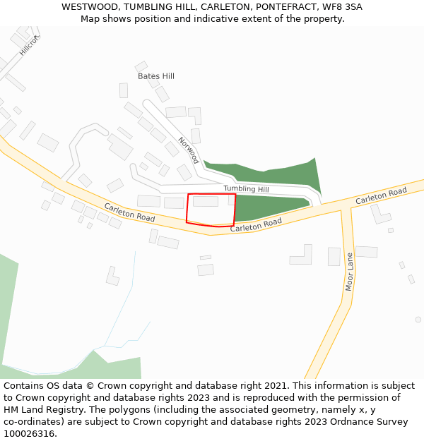 WESTWOOD, TUMBLING HILL, CARLETON, PONTEFRACT, WF8 3SA: Location map and indicative extent of plot