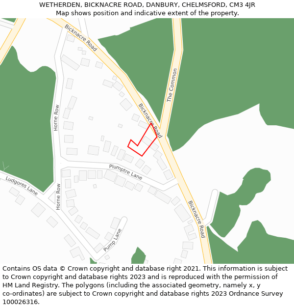 WETHERDEN, BICKNACRE ROAD, DANBURY, CHELMSFORD, CM3 4JR: Location map and indicative extent of plot