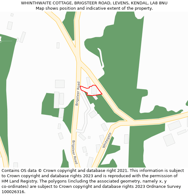 WHINTHWAITE COTTAGE, BRIGSTEER ROAD, LEVENS, KENDAL, LA8 8NU: Location map and indicative extent of plot