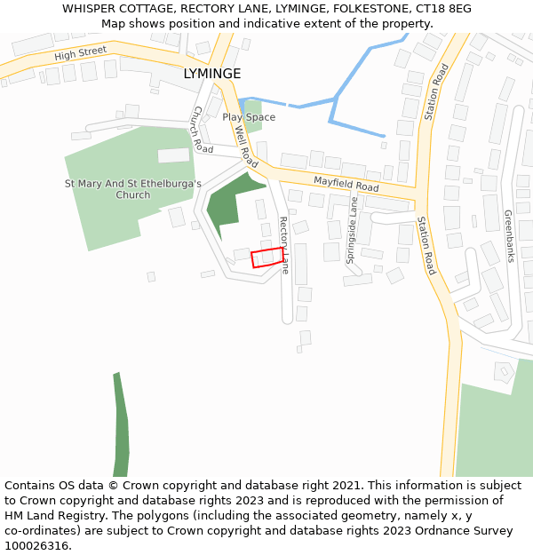 WHISPER COTTAGE, RECTORY LANE, LYMINGE, FOLKESTONE, CT18 8EG: Location map and indicative extent of plot