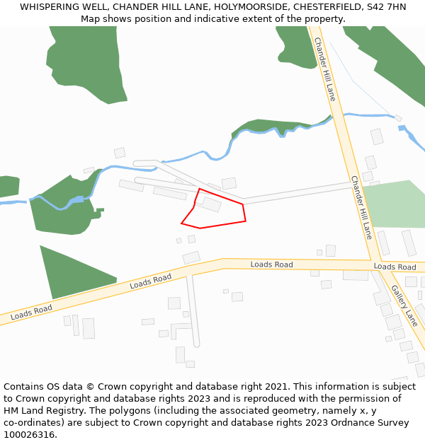 WHISPERING WELL, CHANDER HILL LANE, HOLYMOORSIDE, CHESTERFIELD, S42 7HN: Location map and indicative extent of plot