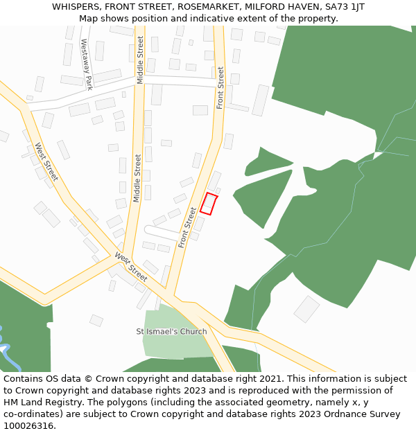 WHISPERS, FRONT STREET, ROSEMARKET, MILFORD HAVEN, SA73 1JT: Location map and indicative extent of plot