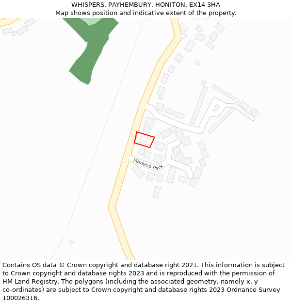 WHISPERS, PAYHEMBURY, HONITON, EX14 3HA: Location map and indicative extent of plot