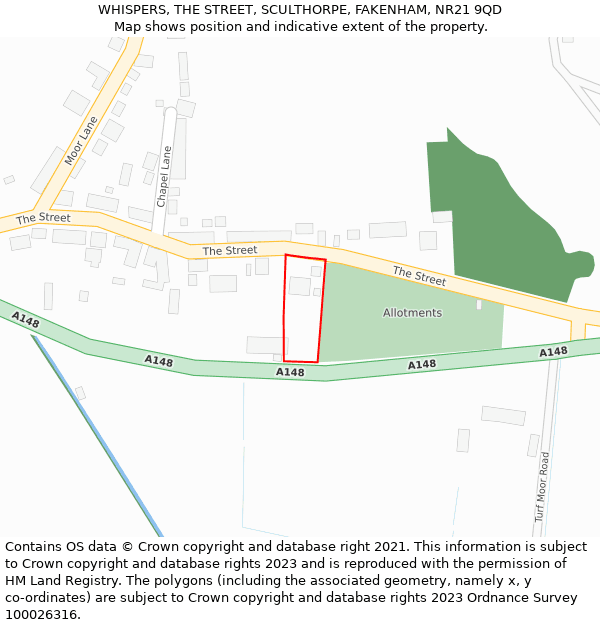 WHISPERS, THE STREET, SCULTHORPE, FAKENHAM, NR21 9QD: Location map and indicative extent of plot