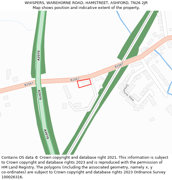 WHISPERS, WAREHORNE ROAD, HAMSTREET, ASHFORD, TN26 2JR: Location map and indicative extent of plot