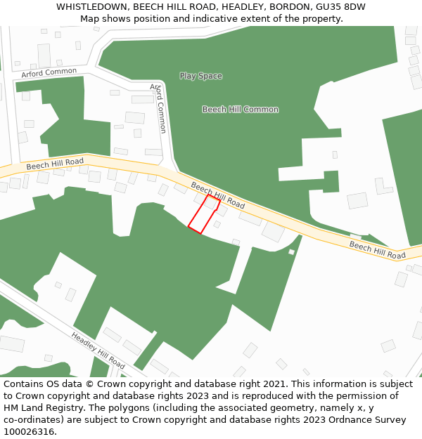 WHISTLEDOWN, BEECH HILL ROAD, HEADLEY, BORDON, GU35 8DW: Location map and indicative extent of plot