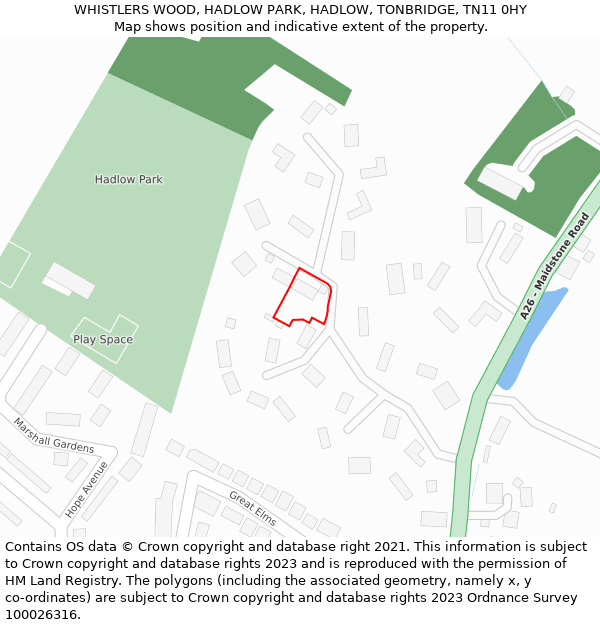 WHISTLERS WOOD, HADLOW PARK, HADLOW, TONBRIDGE, TN11 0HY: Location map and indicative extent of plot