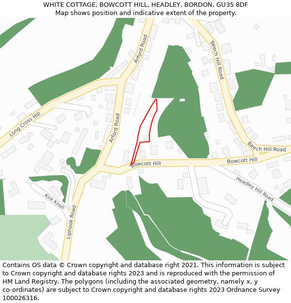 WHITE COTTAGE, BOWCOTT HILL, HEADLEY, BORDON, GU35 8DF: Location map and indicative extent of plot