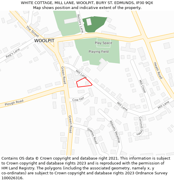 WHITE COTTAGE, MILL LANE, WOOLPIT, BURY ST. EDMUNDS, IP30 9QX: Location map and indicative extent of plot