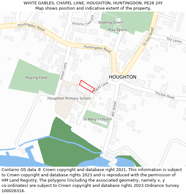 WHITE GABLES, CHAPEL LANE, HOUGHTON, HUNTINGDON, PE28 2AY: Location map and indicative extent of plot