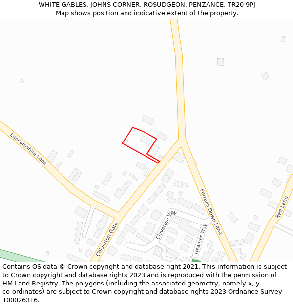 WHITE GABLES, JOHNS CORNER, ROSUDGEON, PENZANCE, TR20 9PJ: Location map and indicative extent of plot