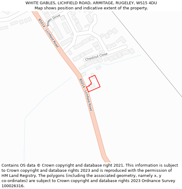WHITE GABLES, LICHFIELD ROAD, ARMITAGE, RUGELEY, WS15 4DU: Location map and indicative extent of plot