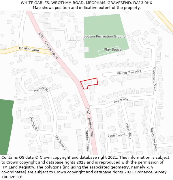 WHITE GABLES, WROTHAM ROAD, MEOPHAM, GRAVESEND, DA13 0HX: Location map and indicative extent of plot