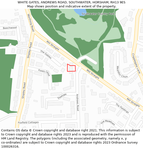 WHITE GATES, ANDREWS ROAD, SOUTHWATER, HORSHAM, RH13 9ES: Location map and indicative extent of plot
