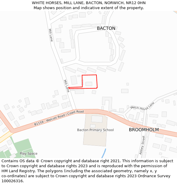 WHITE HORSES, MILL LANE, BACTON, NORWICH, NR12 0HN: Location map and indicative extent of plot