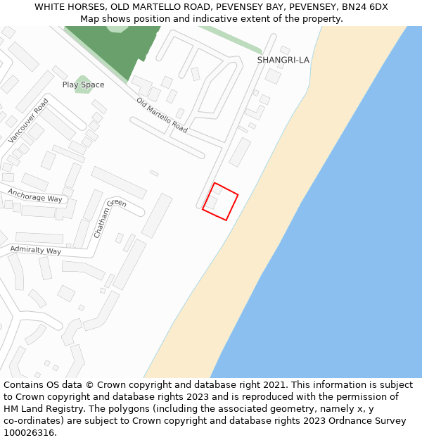 WHITE HORSES, OLD MARTELLO ROAD, PEVENSEY BAY, PEVENSEY, BN24 6DX: Location map and indicative extent of plot