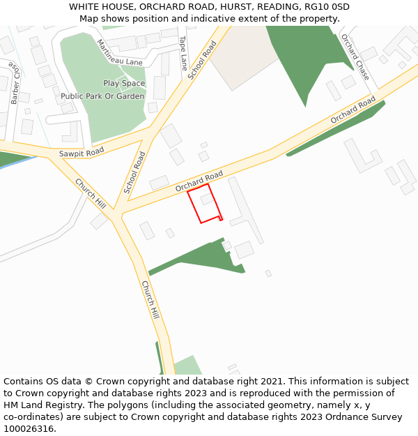 WHITE HOUSE, ORCHARD ROAD, HURST, READING, RG10 0SD: Location map and indicative extent of plot
