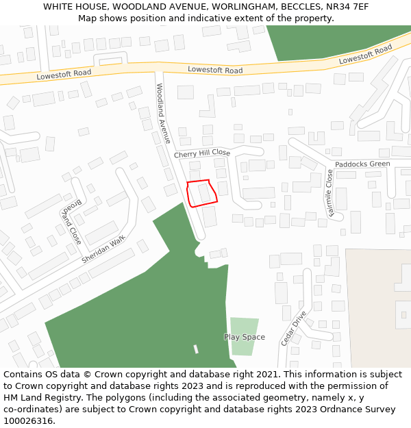 WHITE HOUSE, WOODLAND AVENUE, WORLINGHAM, BECCLES, NR34 7EF: Location map and indicative extent of plot