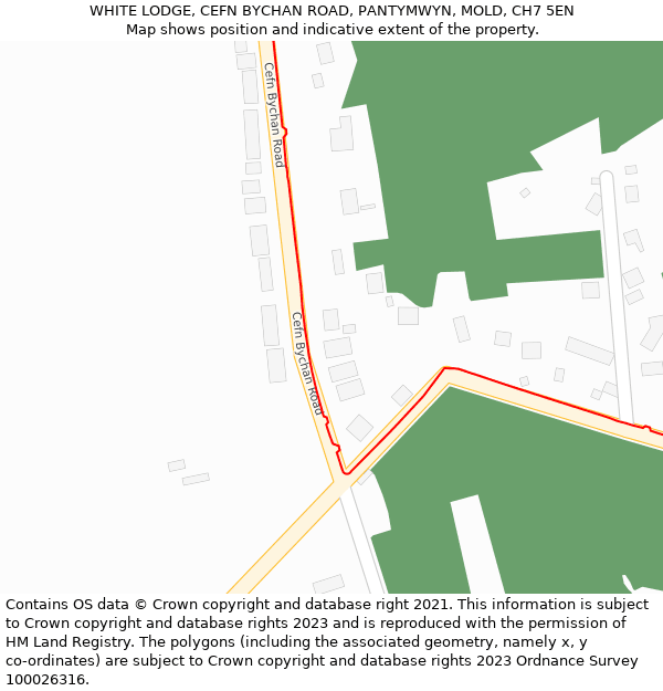 WHITE LODGE, CEFN BYCHAN ROAD, PANTYMWYN, MOLD, CH7 5EN: Location map and indicative extent of plot