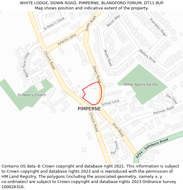 WHITE LODGE, DOWN ROAD, PIMPERNE, BLANDFORD FORUM, DT11 8UP: Location map and indicative extent of plot