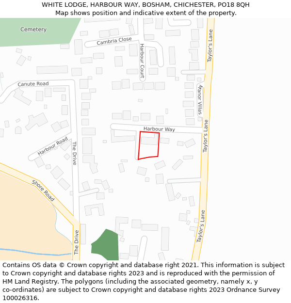 WHITE LODGE, HARBOUR WAY, BOSHAM, CHICHESTER, PO18 8QH: Location map and indicative extent of plot