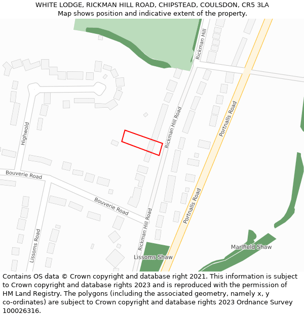 WHITE LODGE, RICKMAN HILL ROAD, CHIPSTEAD, COULSDON, CR5 3LA: Location map and indicative extent of plot