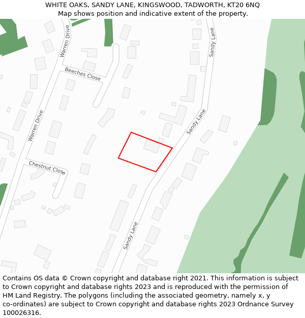 WHITE OAKS, SANDY LANE, KINGSWOOD, TADWORTH, KT20 6NQ: Location map and indicative extent of plot