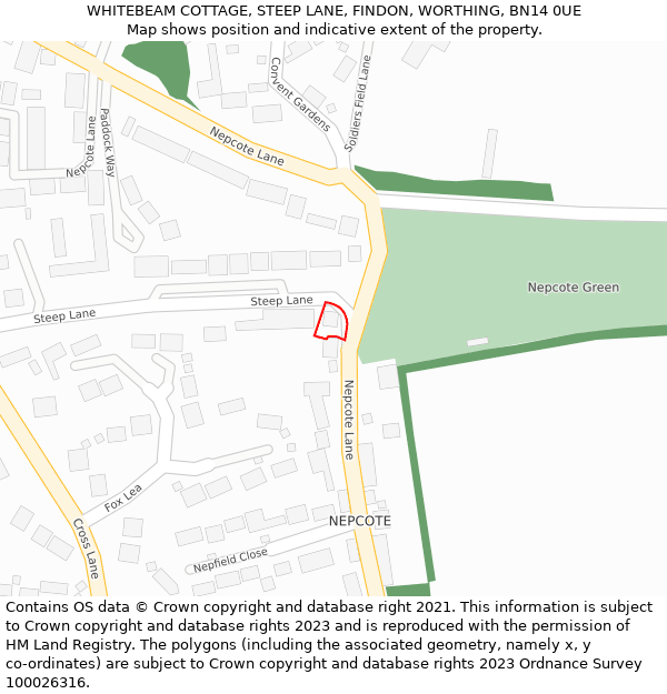 WHITEBEAM COTTAGE, STEEP LANE, FINDON, WORTHING, BN14 0UE: Location map and indicative extent of plot