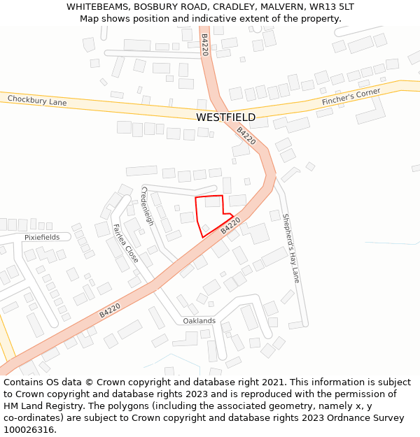 WHITEBEAMS, BOSBURY ROAD, CRADLEY, MALVERN, WR13 5LT: Location map and indicative extent of plot