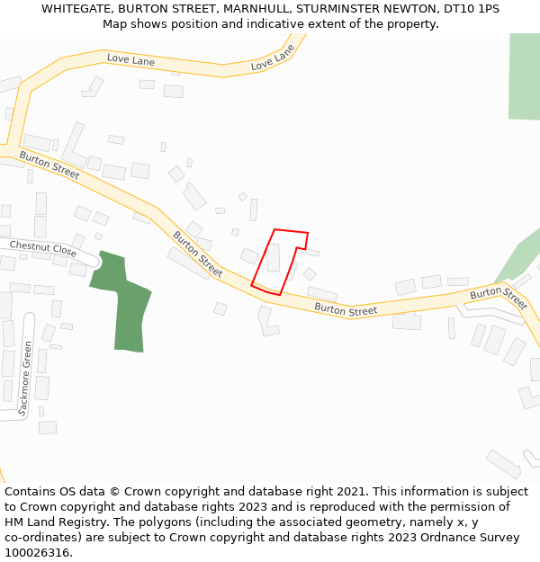 WHITEGATE, BURTON STREET, MARNHULL, STURMINSTER NEWTON, DT10 1PS: Location map and indicative extent of plot