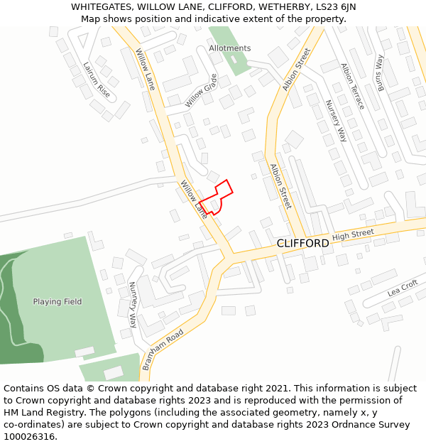 WHITEGATES, WILLOW LANE, CLIFFORD, WETHERBY, LS23 6JN: Location map and indicative extent of plot