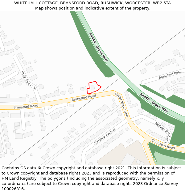 WHITEHALL COTTAGE, BRANSFORD ROAD, RUSHWICK, WORCESTER, WR2 5TA: Location map and indicative extent of plot