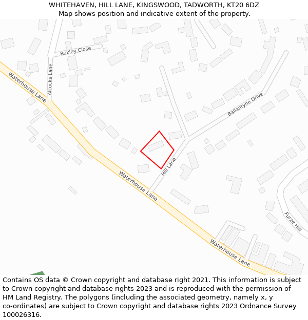 WHITEHAVEN, HILL LANE, KINGSWOOD, TADWORTH, KT20 6DZ: Location map and indicative extent of plot