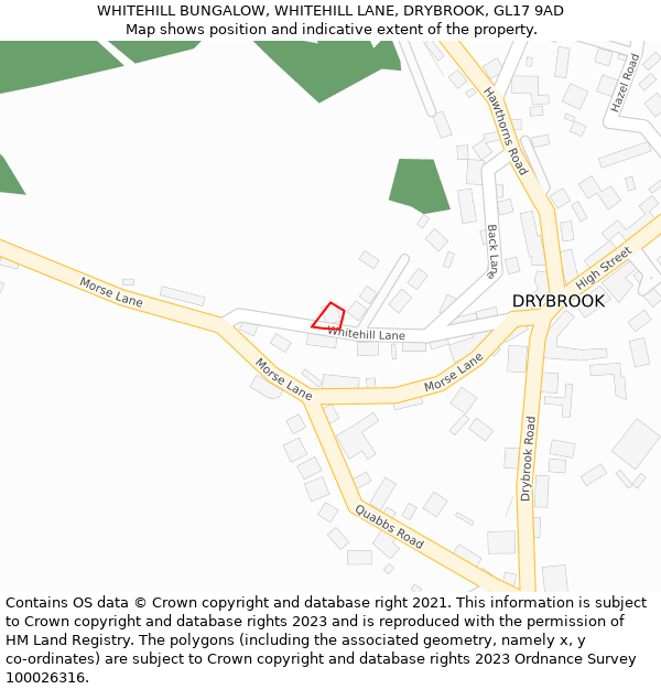 WHITEHILL BUNGALOW, WHITEHILL LANE, DRYBROOK, GL17 9AD: Location map and indicative extent of plot