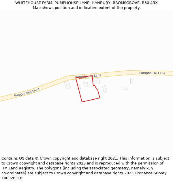 WHITEHOUSE FARM, PUMPHOUSE LANE, HANBURY, BROMSGROVE, B60 4BX: Location map and indicative extent of plot