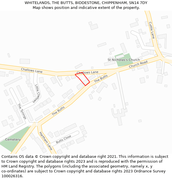 WHITELANDS, THE BUTTS, BIDDESTONE, CHIPPENHAM, SN14 7DY: Location map and indicative extent of plot