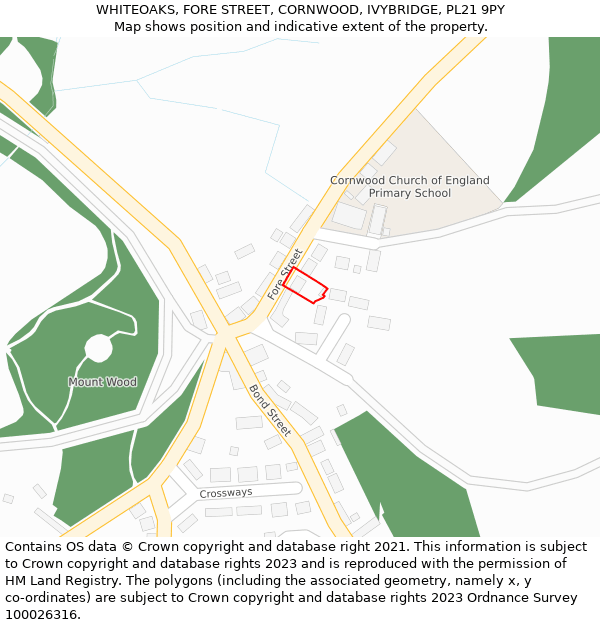 WHITEOAKS, FORE STREET, CORNWOOD, IVYBRIDGE, PL21 9PY: Location map and indicative extent of plot