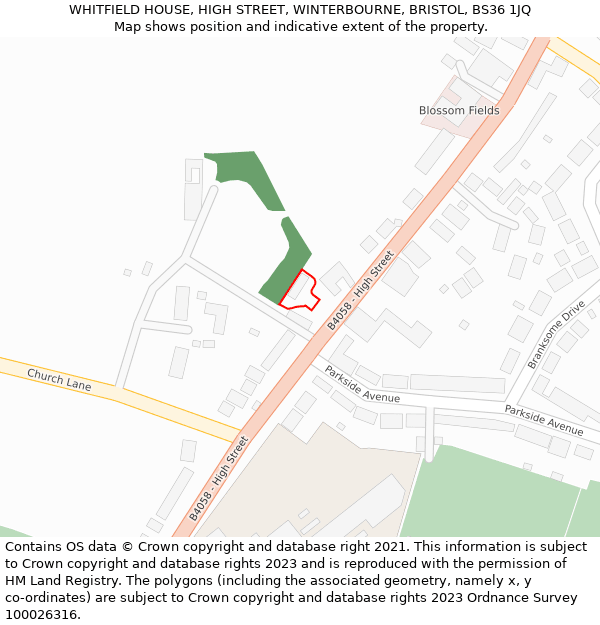 WHITFIELD HOUSE, HIGH STREET, WINTERBOURNE, BRISTOL, BS36 1JQ: Location map and indicative extent of plot