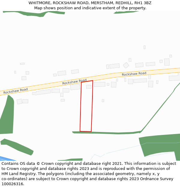 WHITMORE, ROCKSHAW ROAD, MERSTHAM, REDHILL, RH1 3BZ: Location map and indicative extent of plot