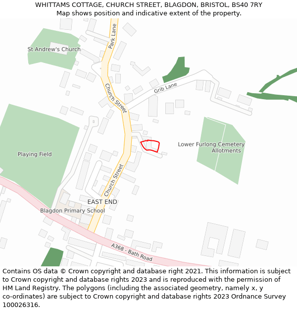 WHITTAMS COTTAGE, CHURCH STREET, BLAGDON, BRISTOL, BS40 7RY: Location map and indicative extent of plot