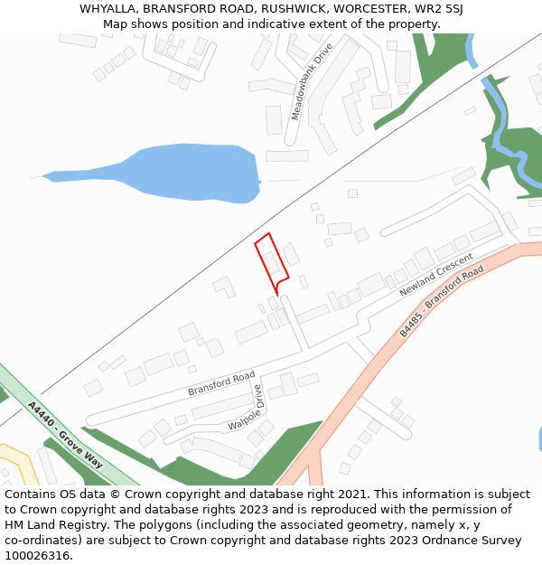 WHYALLA, BRANSFORD ROAD, RUSHWICK, WORCESTER, WR2 5SJ: Location map and indicative extent of plot