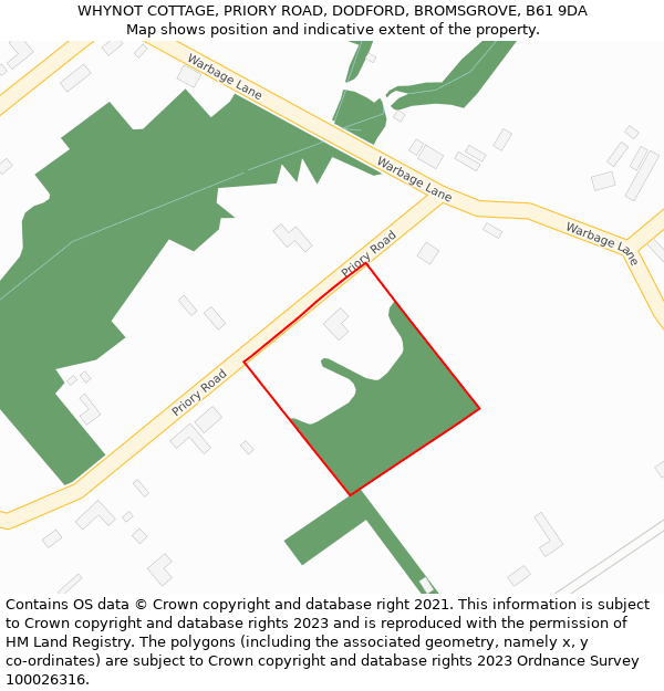 WHYNOT COTTAGE, PRIORY ROAD, DODFORD, BROMSGROVE, B61 9DA: Location map and indicative extent of plot
