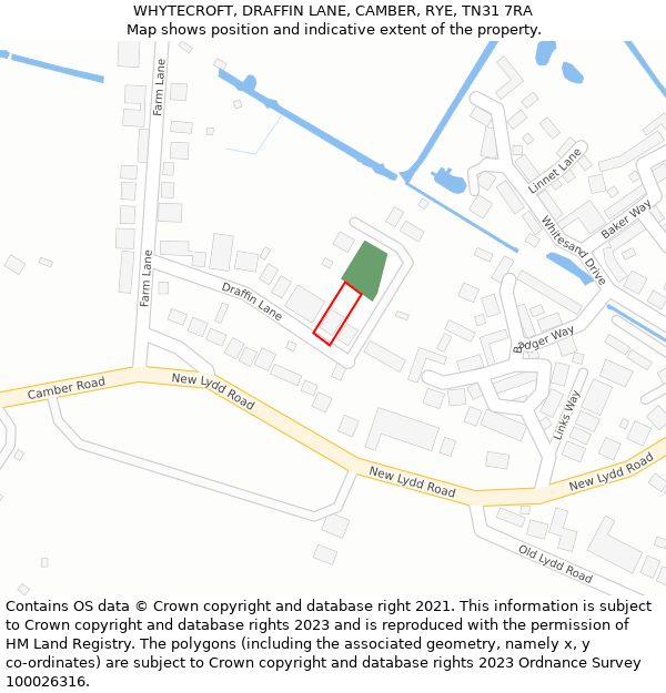 WHYTECROFT, DRAFFIN LANE, CAMBER, RYE, TN31 7RA: Location map and indicative extent of plot