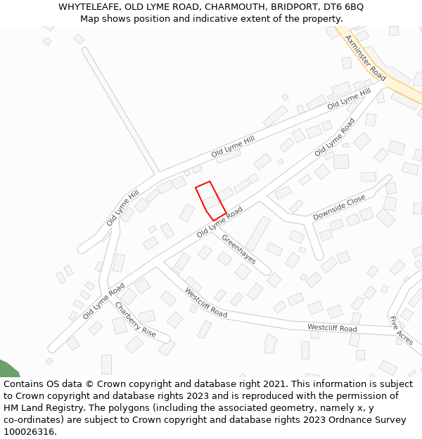 WHYTELEAFE, OLD LYME ROAD, CHARMOUTH, BRIDPORT, DT6 6BQ: Location map and indicative extent of plot