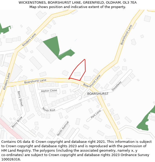WICKENSTONES, BOARSHURST LANE, GREENFIELD, OLDHAM, OL3 7EA: Location map and indicative extent of plot