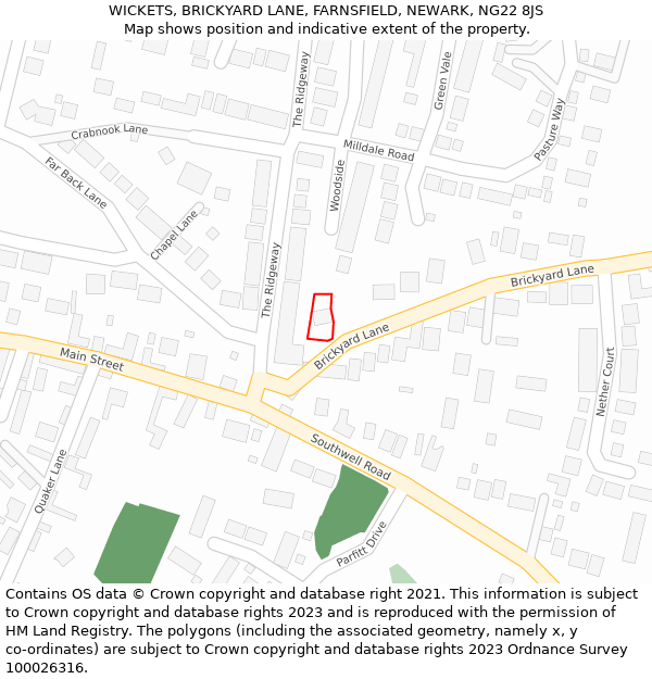 WICKETS, BRICKYARD LANE, FARNSFIELD, NEWARK, NG22 8JS: Location map and indicative extent of plot