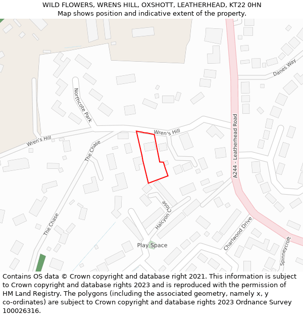 WILD FLOWERS, WRENS HILL, OXSHOTT, LEATHERHEAD, KT22 0HN: Location map and indicative extent of plot