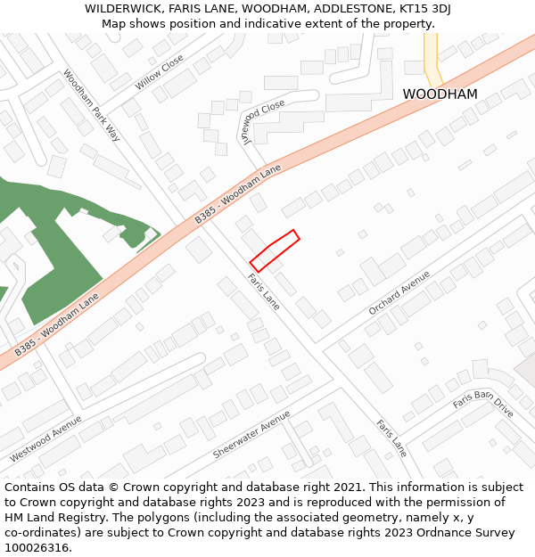 WILDERWICK, FARIS LANE, WOODHAM, ADDLESTONE, KT15 3DJ: Location map and indicative extent of plot