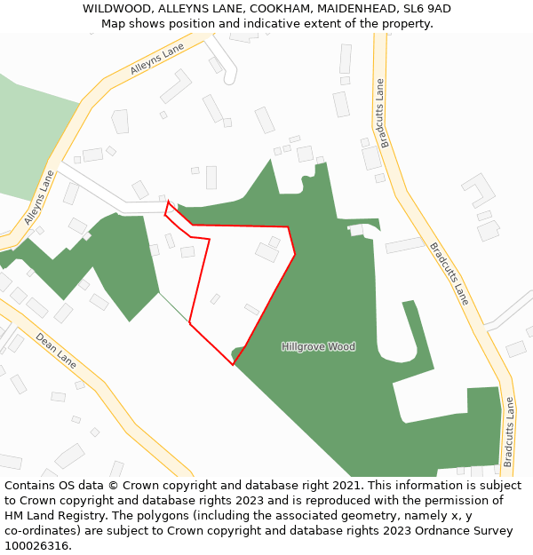 WILDWOOD, ALLEYNS LANE, COOKHAM, MAIDENHEAD, SL6 9AD: Location map and indicative extent of plot